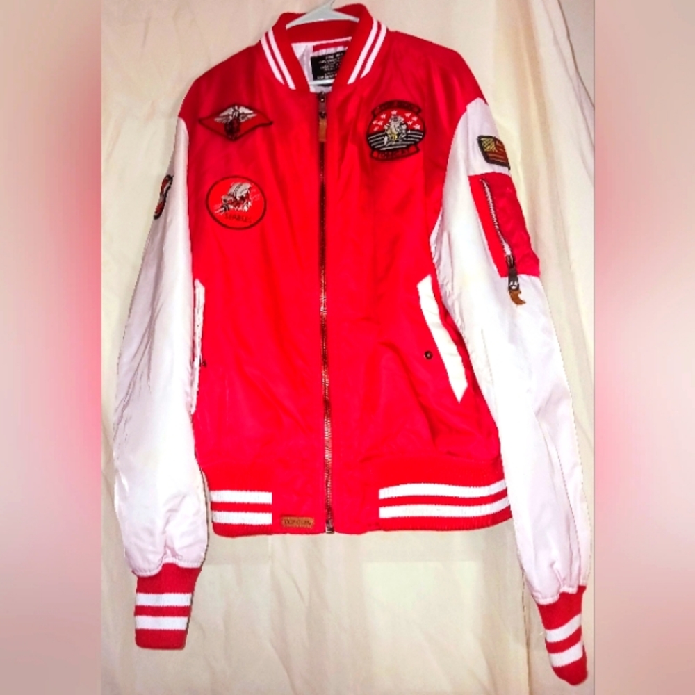 Top Gun US Air Force Red & White Nylon Jacket Sz. L